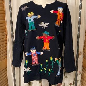 EUC NWOT Bechamel vintage pullover. Black with scarecrows. Size Small